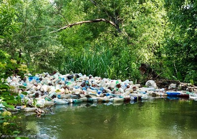 河边堆积的塑料瓶图片